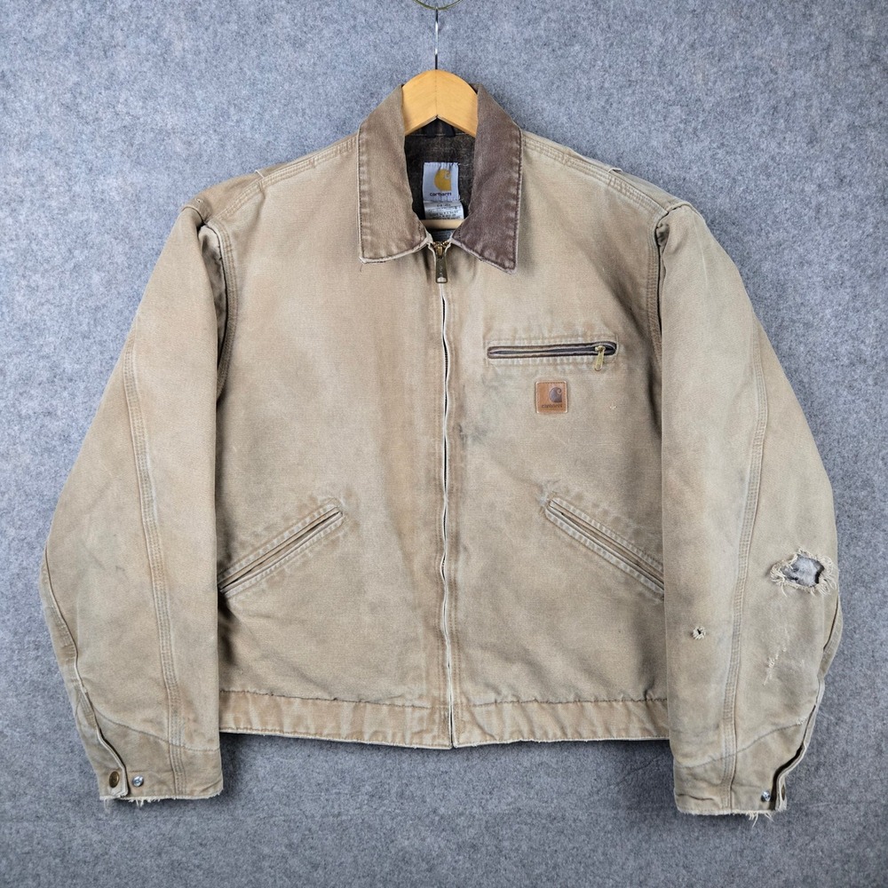 Carhartt Detroit Jacket Mens Large Tan Blanket Lined Canvas Distressed J97 CML